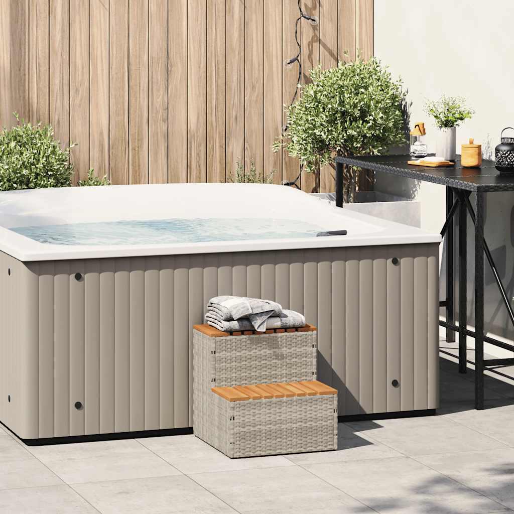 Whirlpooltreppe Hellgrau 50x50x50,5cm Poly Rattan Akazie Massiv